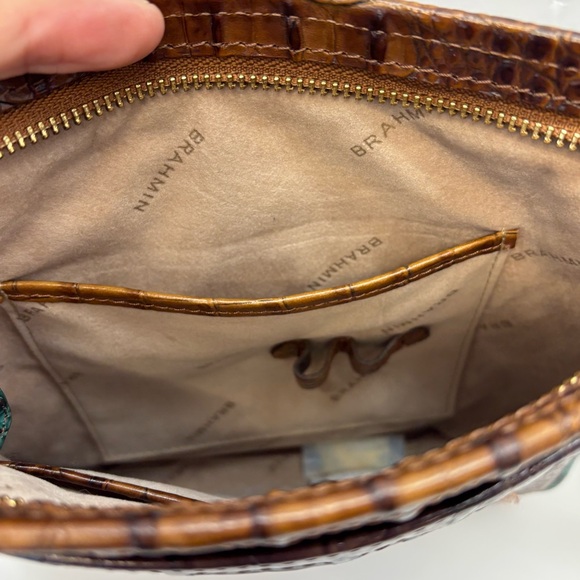 Brahmin Cleo Cocoa Melbourne Crossbody Leather Croc Embossed Bag Blue Trim - Picture 5 of 7